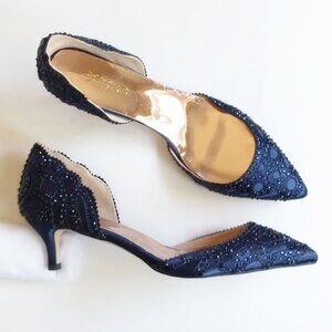 NIB XYD Beaded Satin D'Orsay Kitten Heels 9 Navy Blue